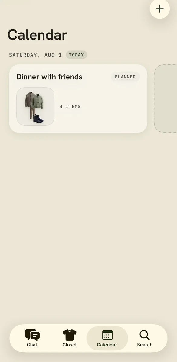 The Lina calendar with a planned dinner and its outfit attached