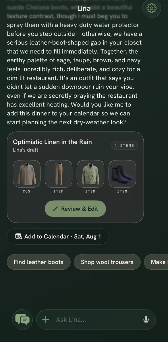 Lina suggesting an outfit in conversation, with a saved look of three garments underneath