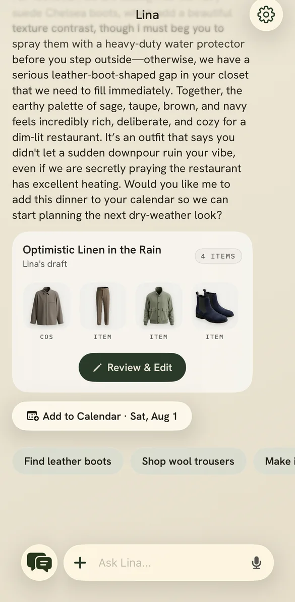 Lina answering a question about what to wear in the rain, with a four-piece outfit underneath