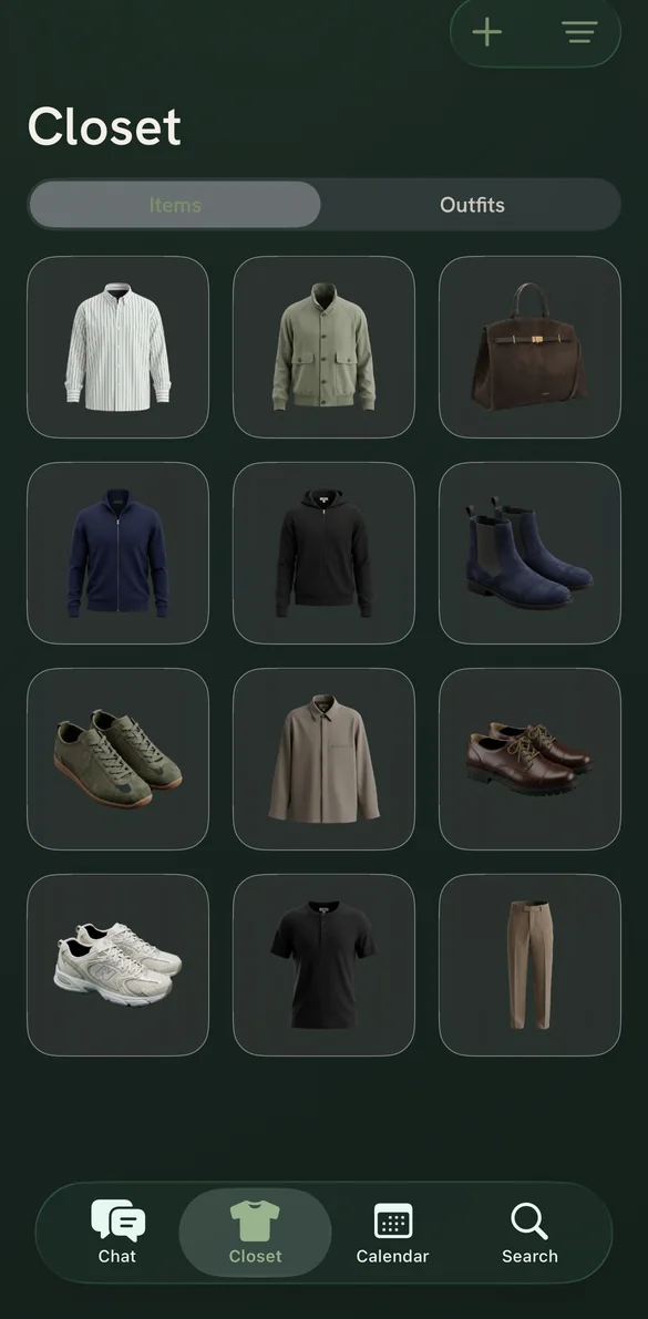 The Lina closet in dark mode, garments floating on deep green cards