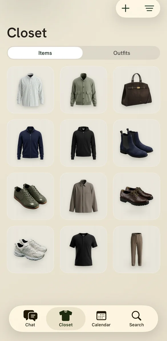 The Lina closet in dark mode, garments floating on deep green cards