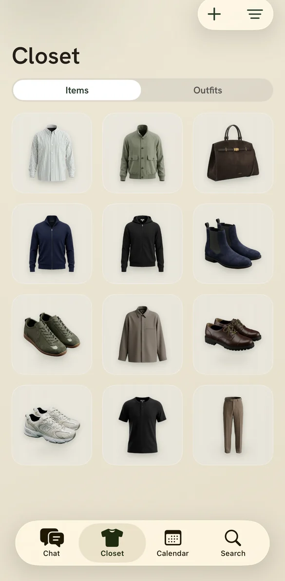 The Lina closet in light mode: three garments as clean cutouts on white cards