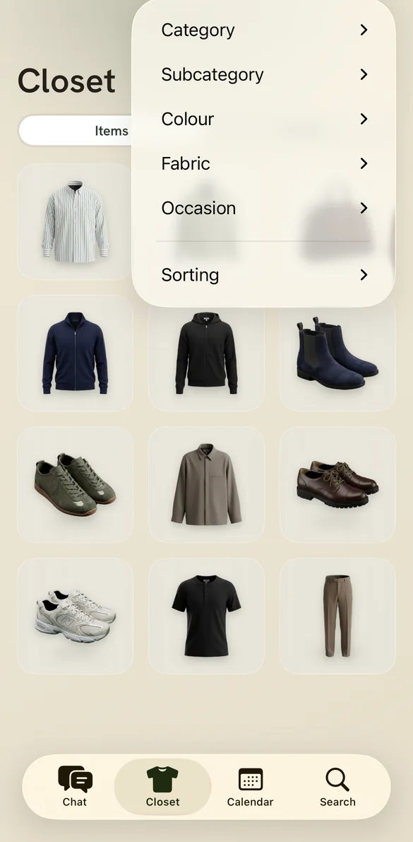 Lina's closet filters: category, subcategory, colour, fabric, occasion and sorting