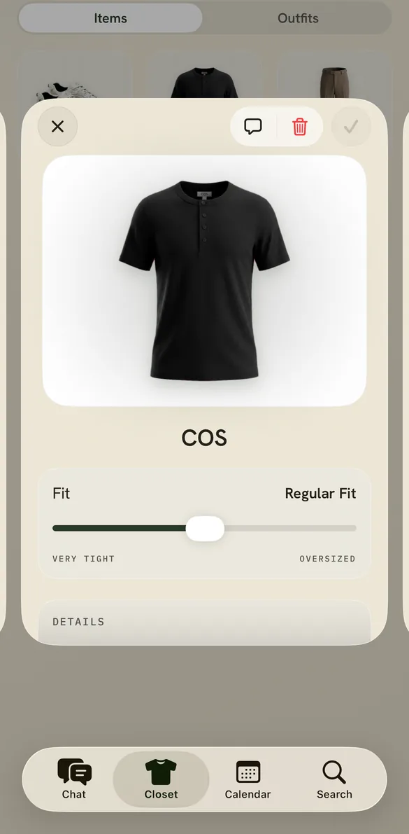 A COS henley in the Lina item view, with a fit slider set to regular fit