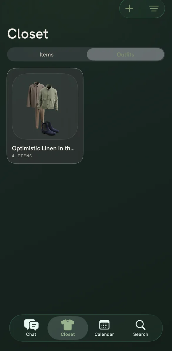 A saved outfit in Lina, four garments composed as a flat lay