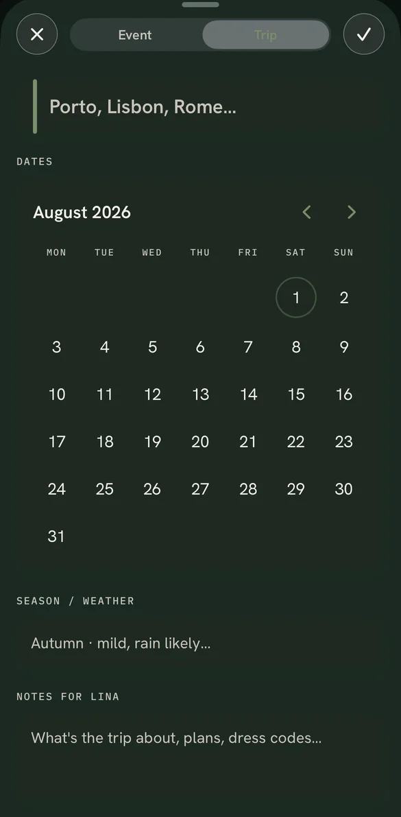 Planning a trip in Lina, with destinations, dates, expected weather and notes